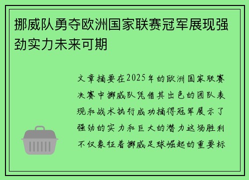 挪威队勇夺欧洲国家联赛冠军展现强劲实力未来可期