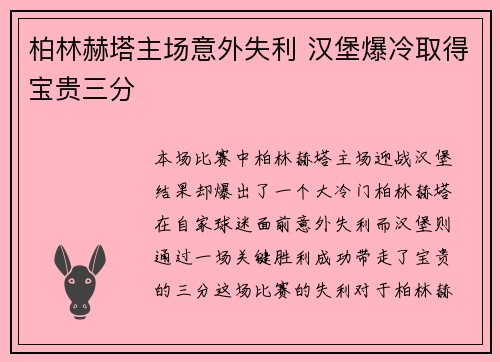 柏林赫塔主场意外失利 汉堡爆冷取得宝贵三分