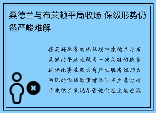桑德兰与布莱顿平局收场 保级形势仍然严峻难解
