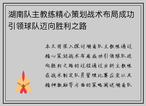 湖南队主教练精心策划战术布局成功引领球队迈向胜利之路